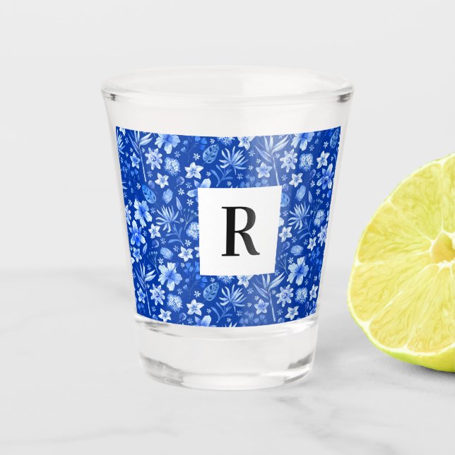 Vaso De Chupito Patrón de hojas y flores tropicales azul cobalto 1 (Anverso)