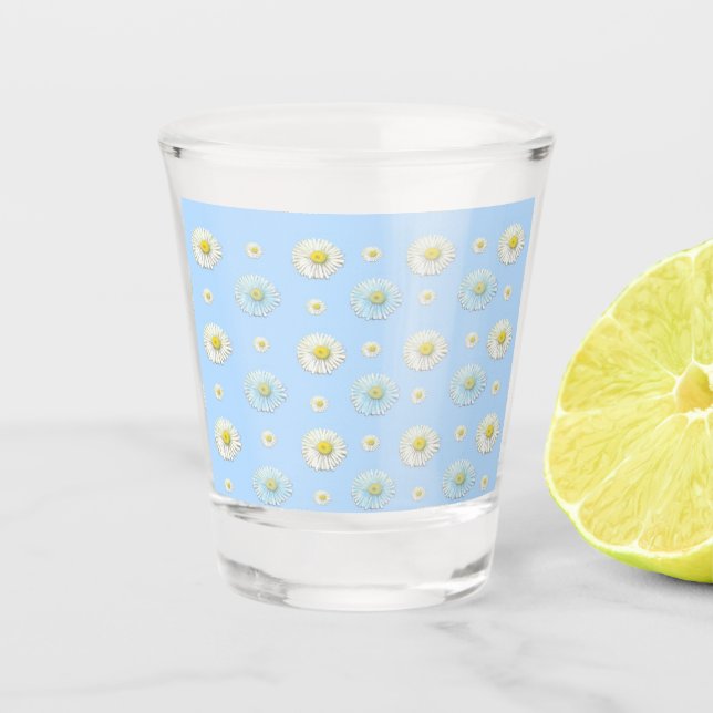 Vaso De Chupito Patrón de margaritas blanco y azul claro (Anverso)