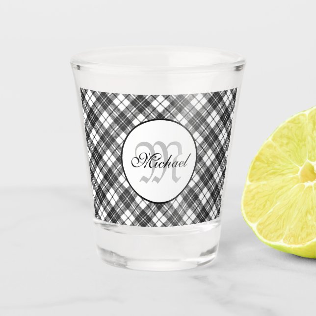Vaso De Chupito Patrón de Tartán Navidades Monograma blanco negro (Anverso)