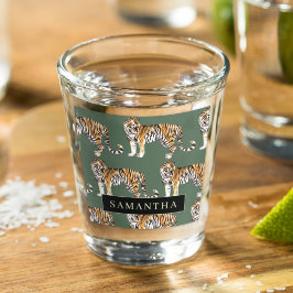 Vaso De Chupito Patrón de tigres de acuarela verde tropical con no