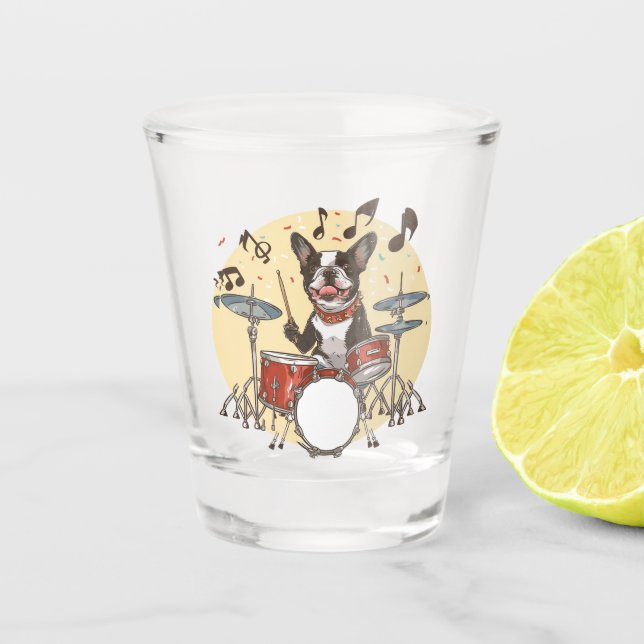 Vaso De Chupito Perro Boston Terrier tocando la batería (Anverso)
