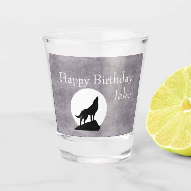 Vaso De Chupito Personalizable de cumpleaños Howling Wolf Silhouet (Anverso)