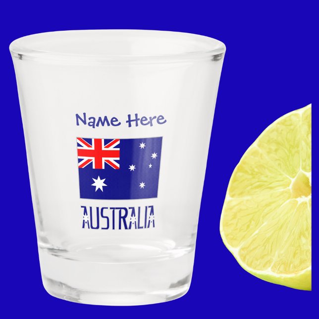 Vaso De Chupito Personalización azul de la bandera australiana (Australian Flag on shot glass with words AUSTRALIA below in flag colors. Above, add name in blue.)