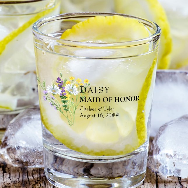 Vaso De Chupito Personalizado Boda de la pradera de flores silvest (Keepsake shot glass for your Maid of Honor with bouquet of wildflowers
)
