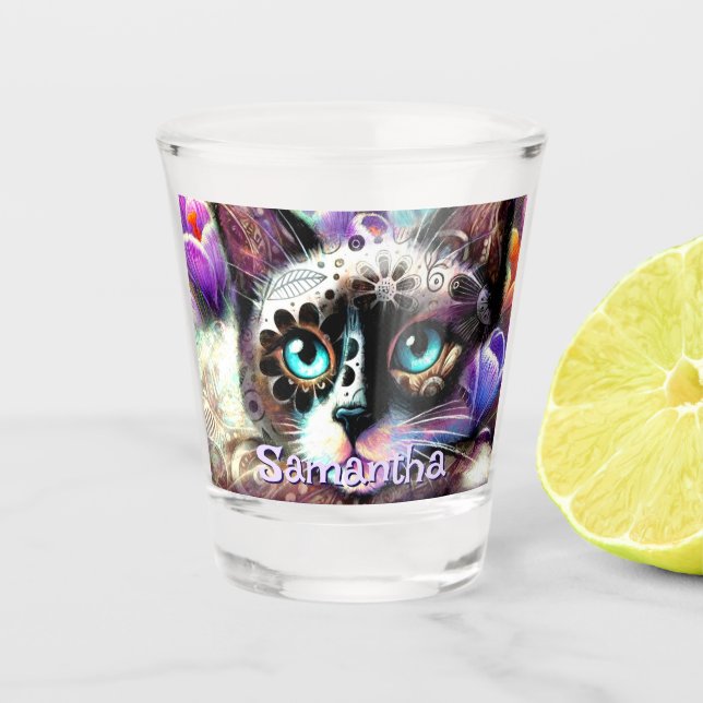 Vaso De Chupito Personalizado crocus floral de gato blanco gitano  (Anverso)
