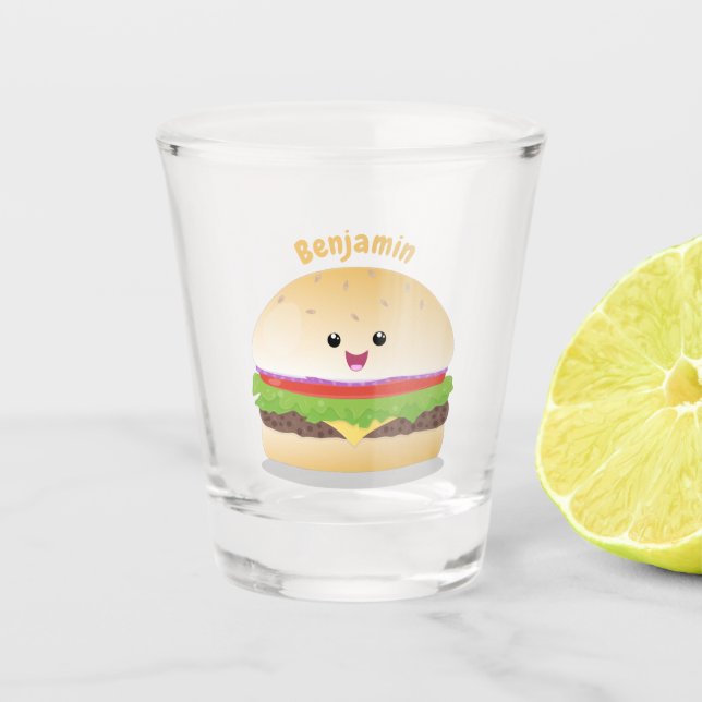 Vaso De Chupito Personalizado de hamburguesa kawaii feliz (Anverso)