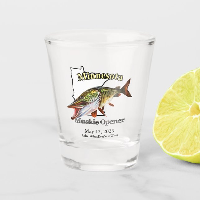 Vaso De Chupito Personalizado Lago/Fecha Minnesota Muskie Opener (Anverso)