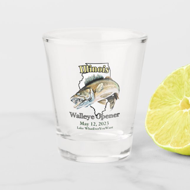 Vaso De Chupito Personalizado Lake and Date Illinois Walleye Opene (Anverso)