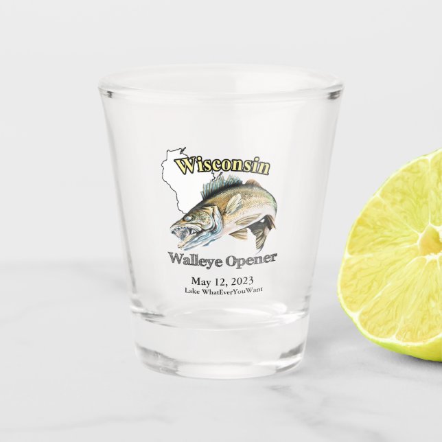 Vaso De Chupito Personalizado Lake/Date Wisconsin Walleye Opener (Anverso)