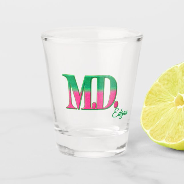 Vaso de chupito personalizado 'M.D.' rosa y verde (Anverso)