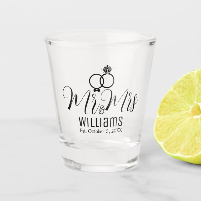 Vaso De Chupito Personalizado moderno Sr. Mrs & Rings Design, Boda (Anverso)