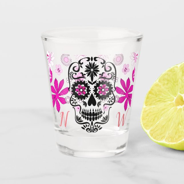 Vaso De Chupito Personalizado Monograma Cráneo de Azúcar Floral (Anverso)