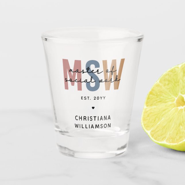Vaso De Chupito Personalizado MSW Master en Obra Social Graduación (Anverso)