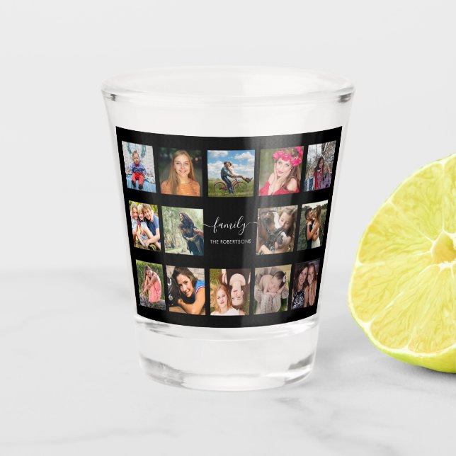 Vaso De Chupito Personalizado negro de Collage de fotos familiar (Anverso)