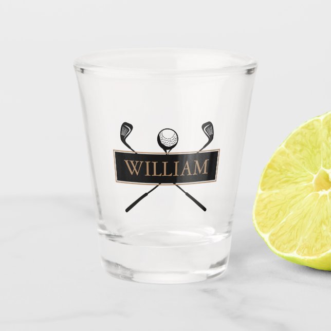 Vaso De Chupito Personalized Name Gold and Black Golf Clubs (Anverso)