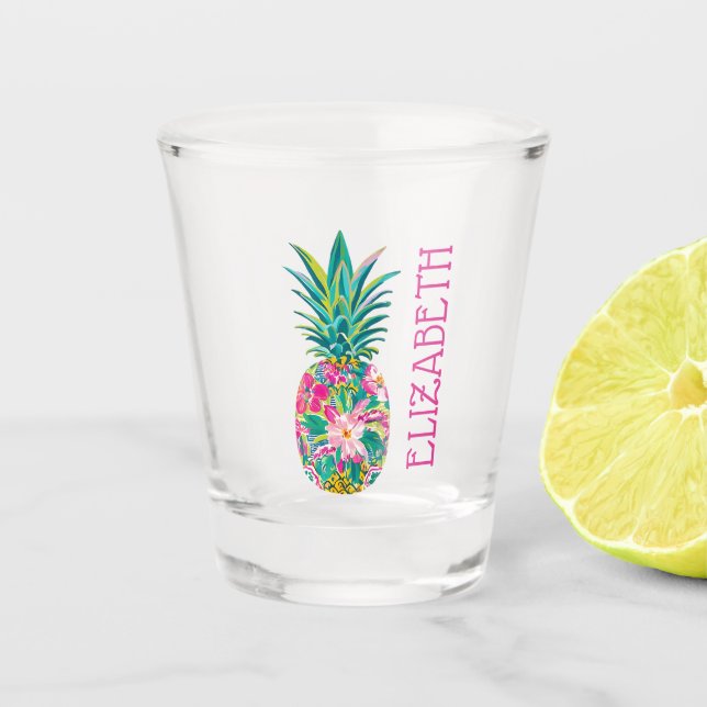 Vaso De Chupito Piña tropical rosa y verde floral (Anverso)