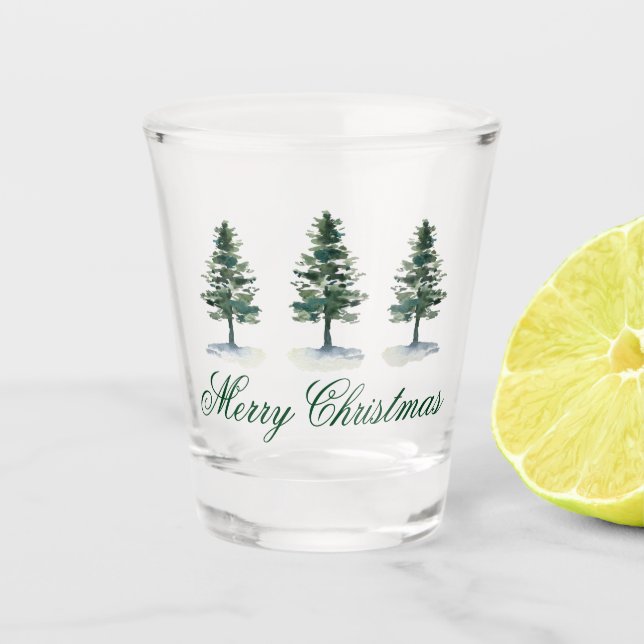 Vaso De Chupito Pine Trees acuarela Feliz Navidad (Anverso)