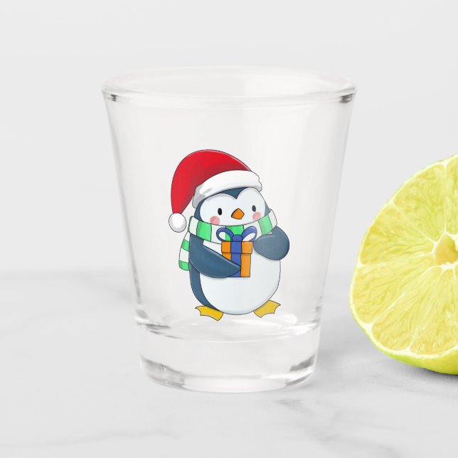 Vaso De Chupito Pingüino en un gorra Navidad con un regalo (Anverso)
