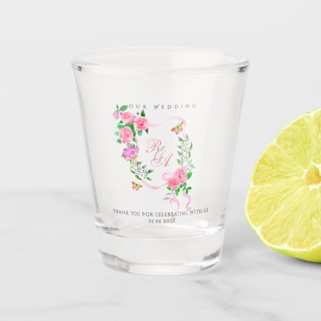 Vaso De Chupito Pink Rose Ribbon Monogram Wedding  (Anverso)