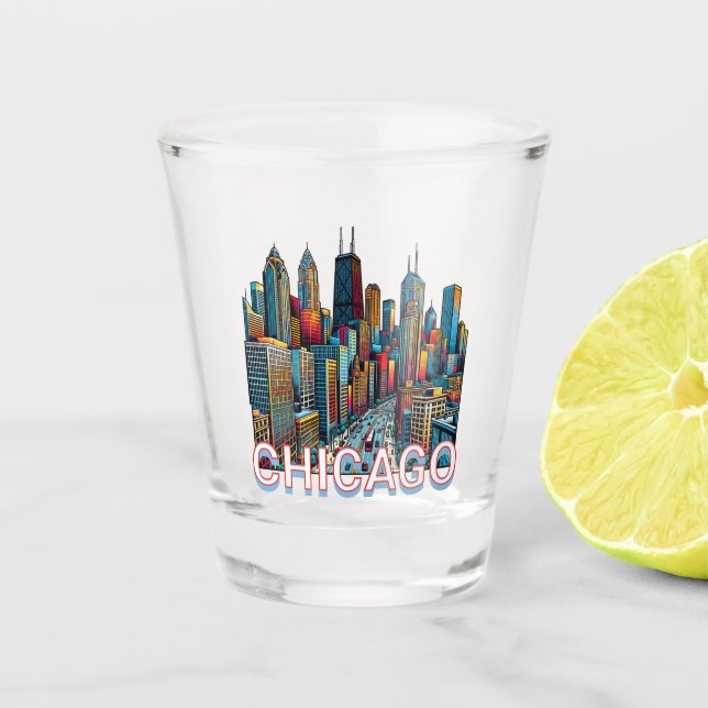 Vaso De Chupito Pop art Comic Book Chicago, Illinois Skyline (Anverso)