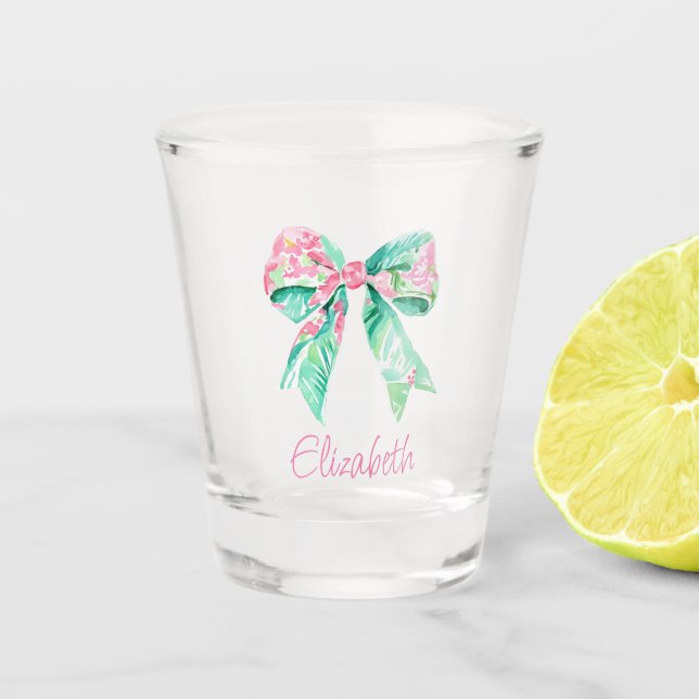 Vaso De Chupito Preppy Pink Floral Bow Personalizado (Anverso)