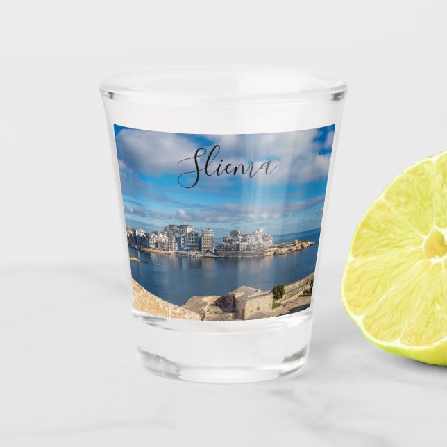 Vaso De Chupito Puerto de Sliema y rascacielos de Malta (Anverso)