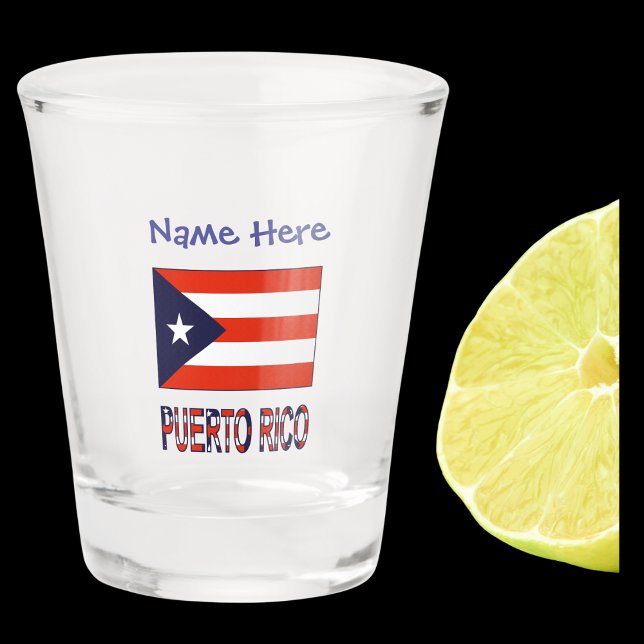 Vaso De Chupito Puerto Rico Bandera boricua Azul personalizada (Shot glass has Puerto Rican flag and words PUERTO RICO below in flag colors. Above, add a name.)