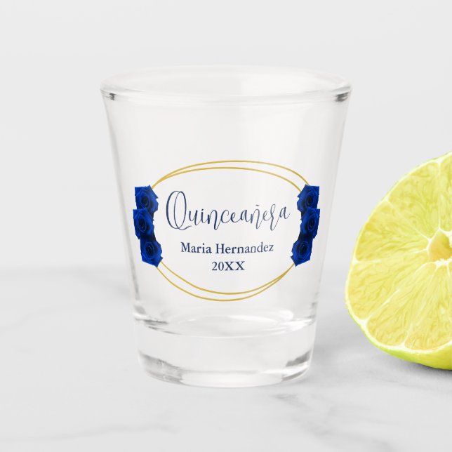 Vaso De Chupito Quinceañera geométrica real azul y oro (Anverso)