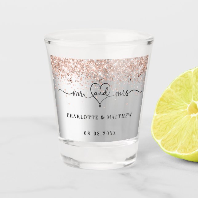 Vaso De Chupito recién casados plata rosa boda oro (Anverso)