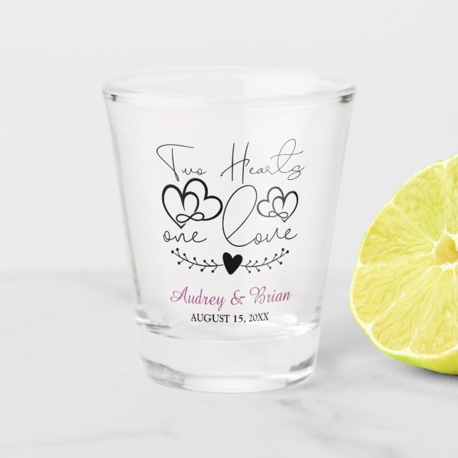 Vaso De Chupito Recuerdo de boda Dos Corazones Un Amor (Anverso)
