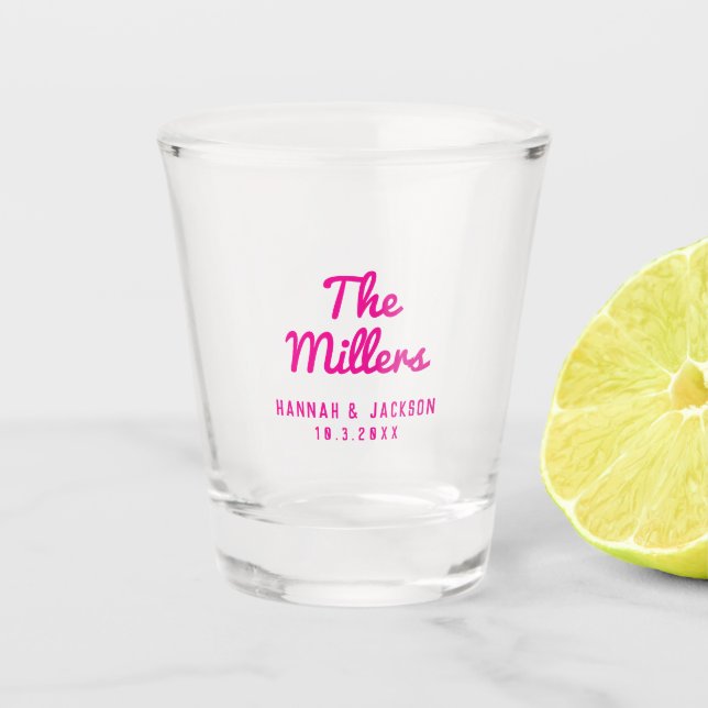 Vaso De Chupito Recuerdo de boda rosa personalizado con apellido (Anverso)