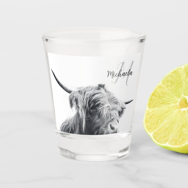 Vaso De Chupito Retrato de vaca Highland monograma inicial blanco  (Anverso)