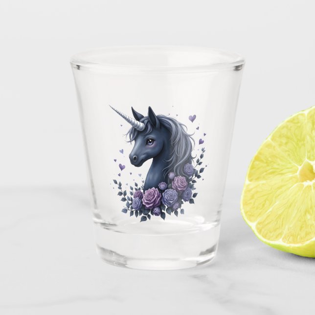 Vaso De Chupito Retrato negro de unicornio en un marco redondo (Anverso)