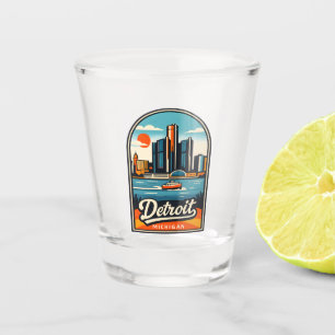 Vaso De Chupito Retro Viaje Detroit Michigan Paisaje Urbano Ribera