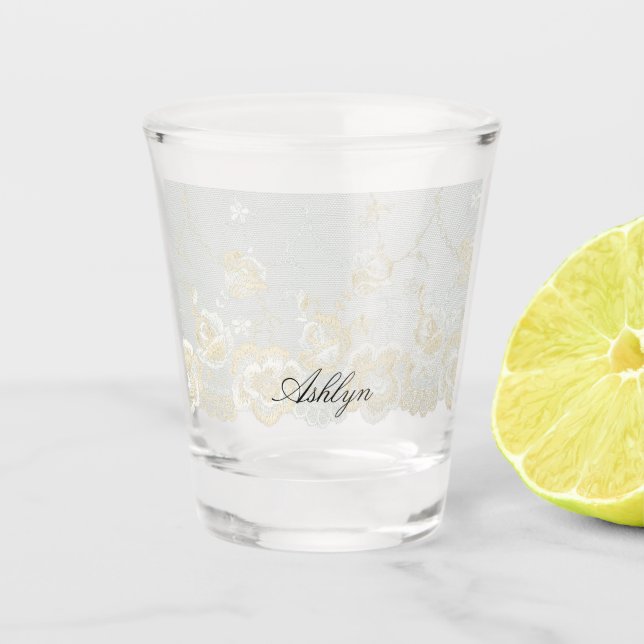 Vaso De Chupito Romántico Faux Lace Floral Bridal Shower (Anverso)