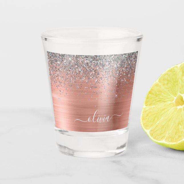 Vaso De Chupito Rosa Dorado Metal Brillante Glitter Monograma (Anverso)