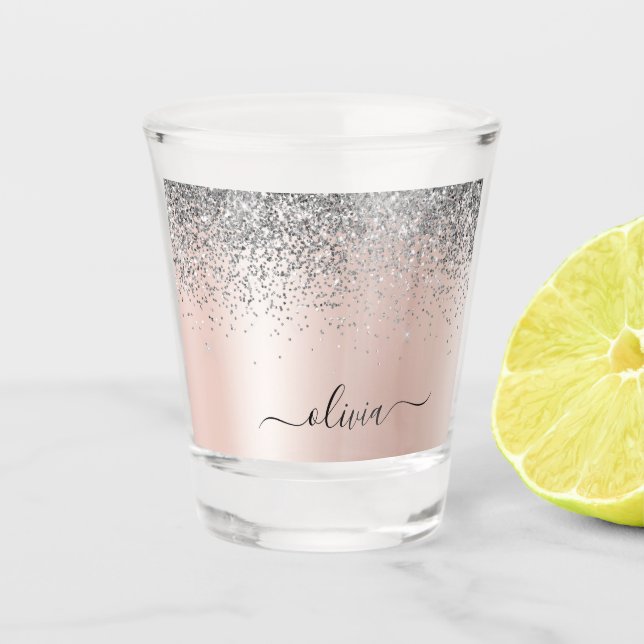 Vaso De Chupito Rosa Dorado - Rosa Clásico Plateado Brillo Monogra (Anverso)