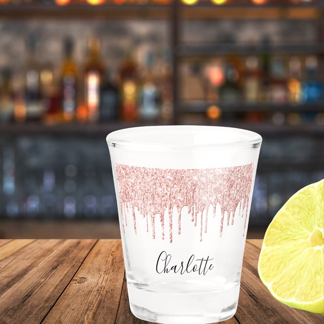 Vaso De Chupito Rosa purpurina dorado goteo guión de nombre elegan (Subido por el creador)