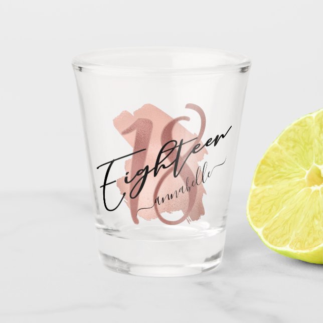 Vaso De Chupito Rosa Relieve metalizado Faux Gold 18 cumpleaños (Anverso)