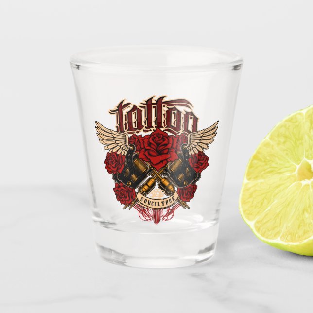 Vaso De Chupito Rosas de la vieja escuela de tatuaje subcultural s (Anverso)