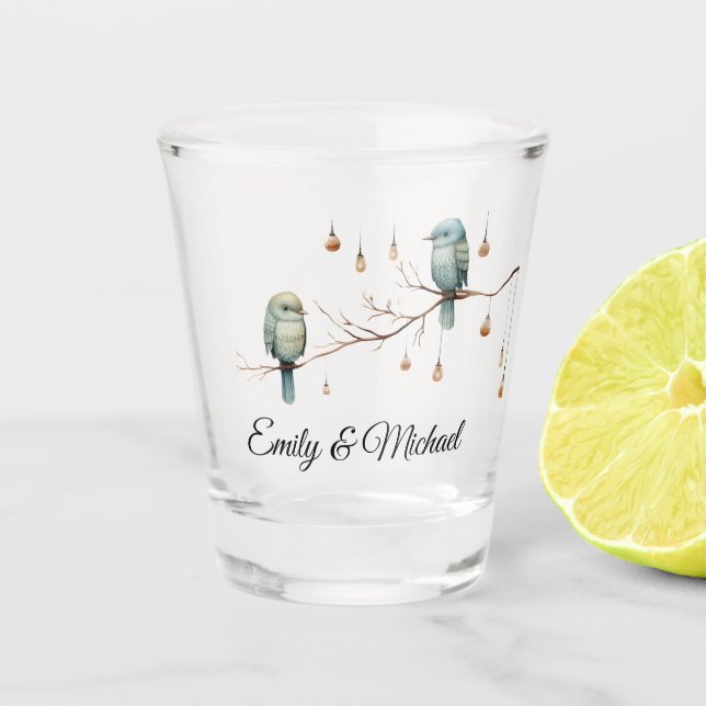 Vaso De Chupito Rustic Woodland Love Birds Celebration (Anverso)