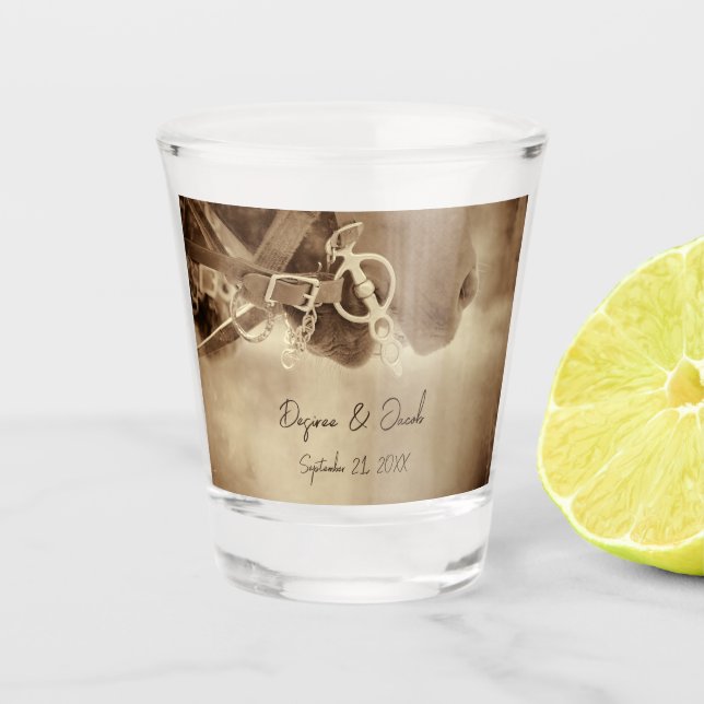 Vaso De Chupito Rústico Boda de Caballo Marrón Occidental (Anverso)