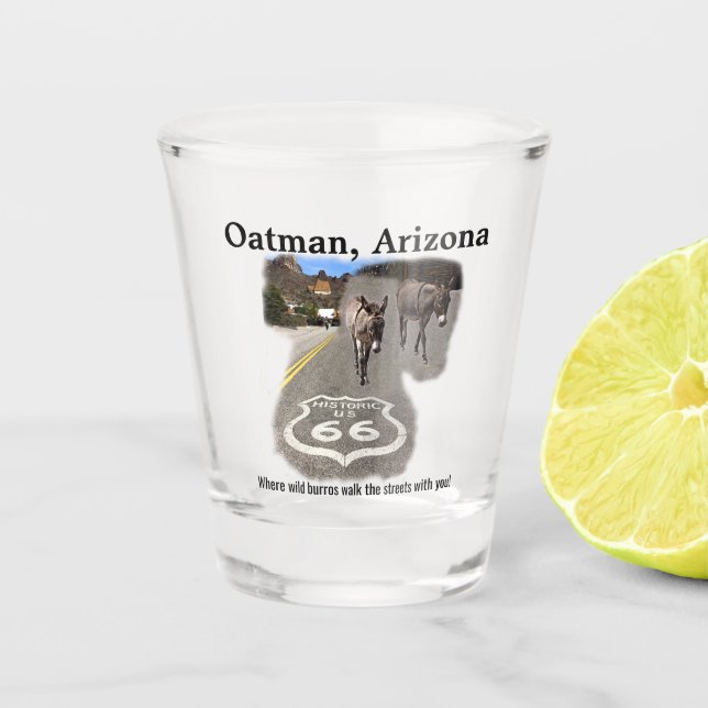 Vaso De Chupito Ruta 66 Oatman Arizona Burros En El Vidrio Calleje (Anverso)