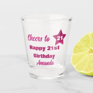 Vaso De Chupito Saludos a 21 Purpurinas rosados 21º cumpleaños