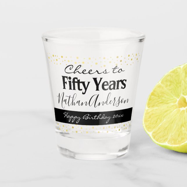 Vaso De Chupito Saludos a los 50 años de cumpleaños personalizados (Anverso)