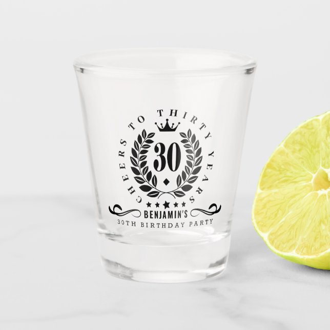 Vaso De Chupito Saludos a los Treinta Años Personalizados (Anverso)