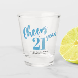 Vaso De Chupito Saludos por 21 años elegante escritura azul cumple