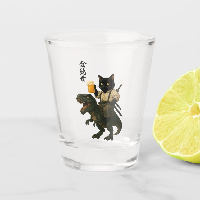 Vaso De Chupito Samurai Cat with Beer & T-Rex | Retro Japanese Art (Anverso)