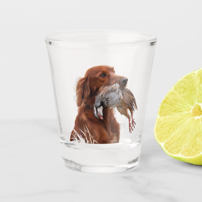 Vaso De Chupito Setter Irlandés con Perdiz Chukar ,Arte  (Anverso)