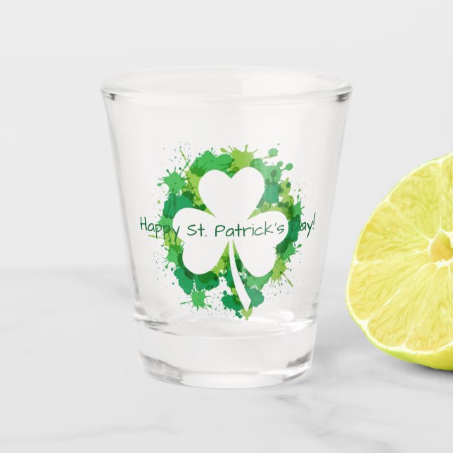 Vaso De Chupito Shamrock transparente con manchas de pintura verde (Anverso)